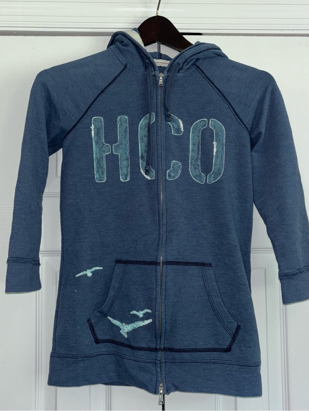 Hollister 3/4 Sleeve Blue Hooded Zip Sweatshirt Size Small